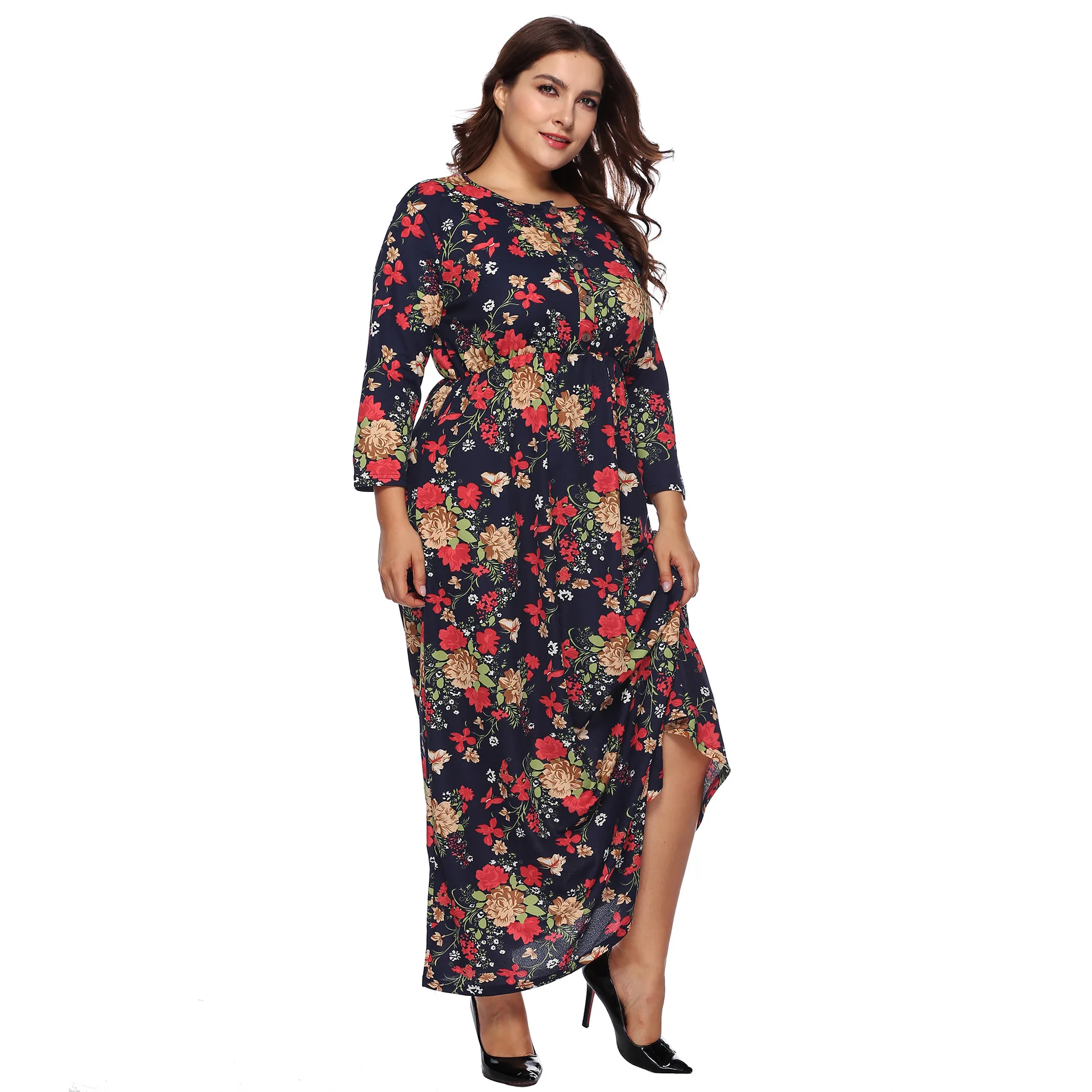 Factory OEM Autumn Plus Size Long Sleeve Retro Floral Evening Long Maxi Casual Dresses