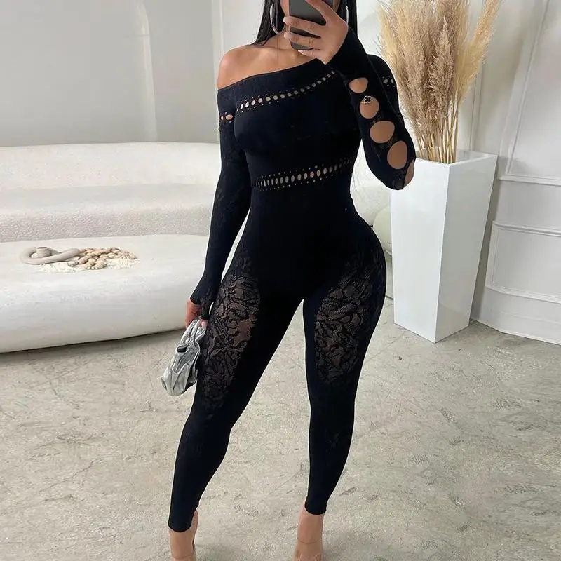 One size European and American sexy hot girl hollow seamless knitted jacquard one-piece high elasticity jumpsuit