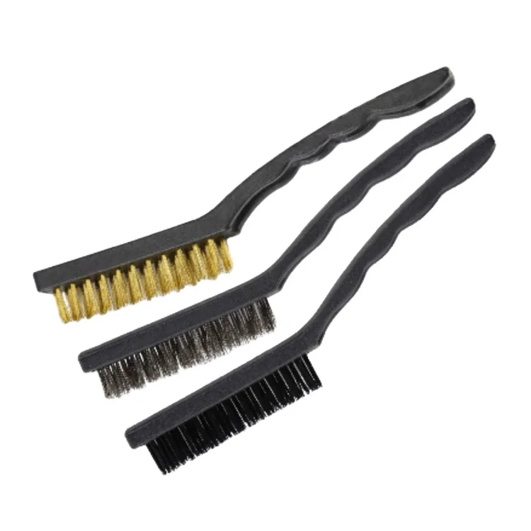 31430 Wire Brush Set 3Pcs - Nylon/Brass/Stainless Steel Bristles Brush Set for Cleaning with Curved Handle Grip