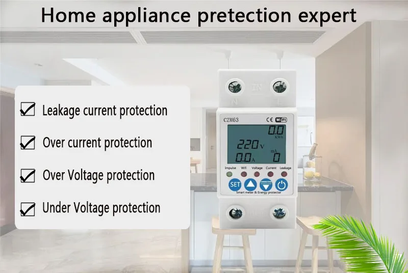 MCB63A TUYA APP WiFi Smart Circuit Earth Leakage Over Under Voltage Protector Relay Device Switch Breaker Energy Power kWh Meter