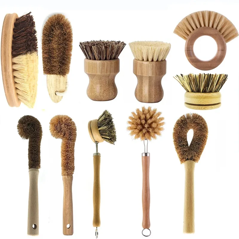 Kitchen Dish Pot Washing Brush Beech wood and Bamboo Round Sisal Bristle Pot Brush Dish cleaning Brush