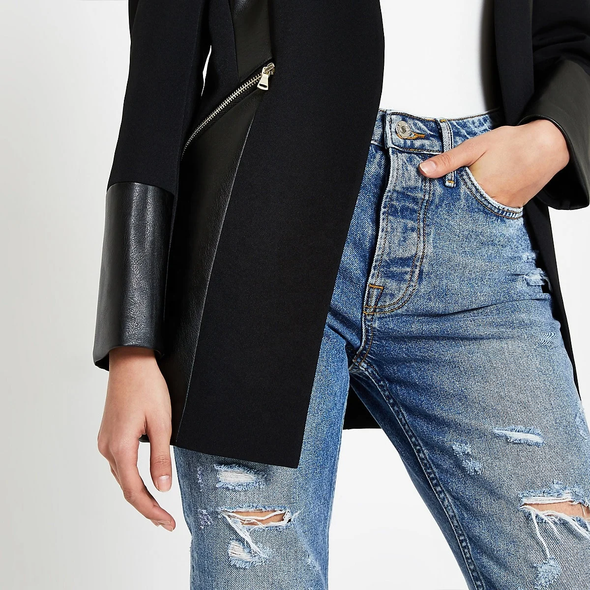 OEM office elegant  black suit jacket blocked zip pocket blazer Open front