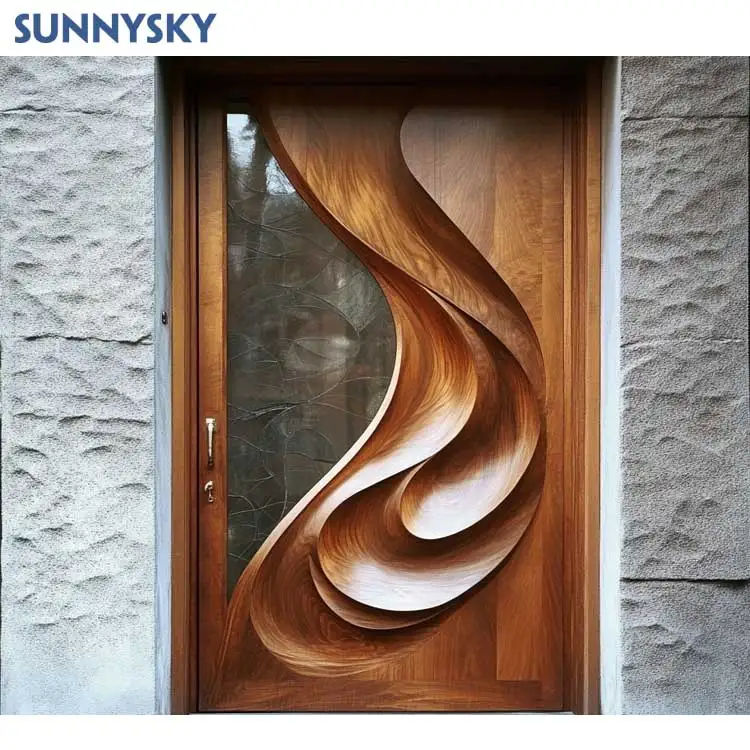 Sunnysky Entry Main Security Waterproof Timber Exterior door anti-cracking paint Entrance Wood Door for house