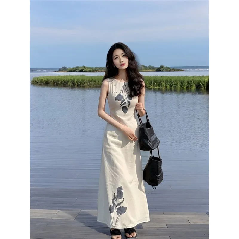 New Chinese Style Women Floral Sleeveless Slim Long Dress Ladies Causal Dresses