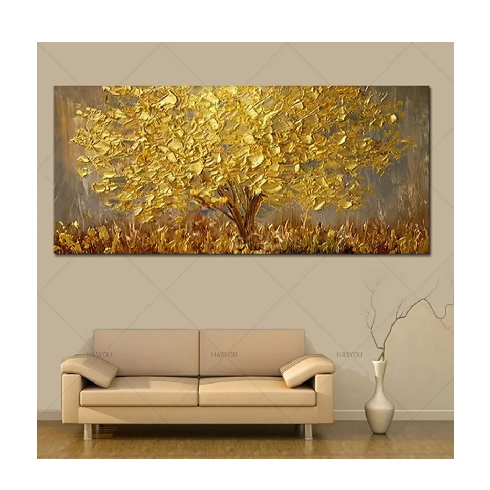 100% Real Hand Painted Abstract Knife Gold Tree Oil Painting on the Canvas by the Professional Artist for Home Wall Art Decor