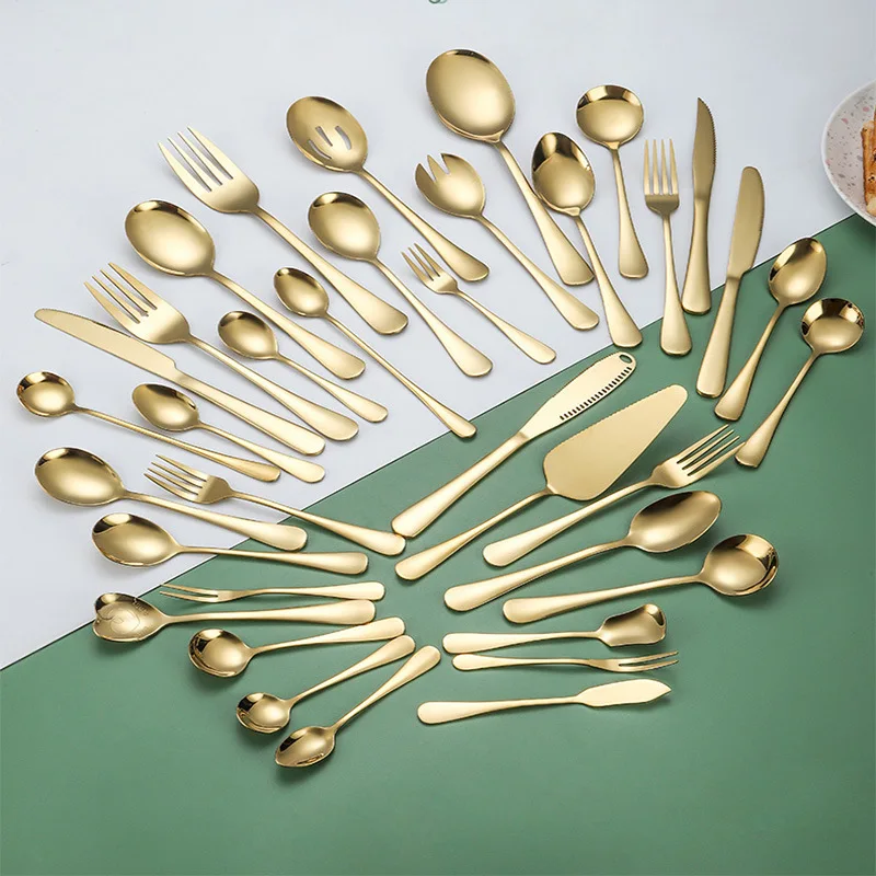 Bulk Luxury Gold Stainless Steel Cutlery Set talheres dourados Serving Knife Fork Spoon Salad Tea Coffee Sugar Spoon