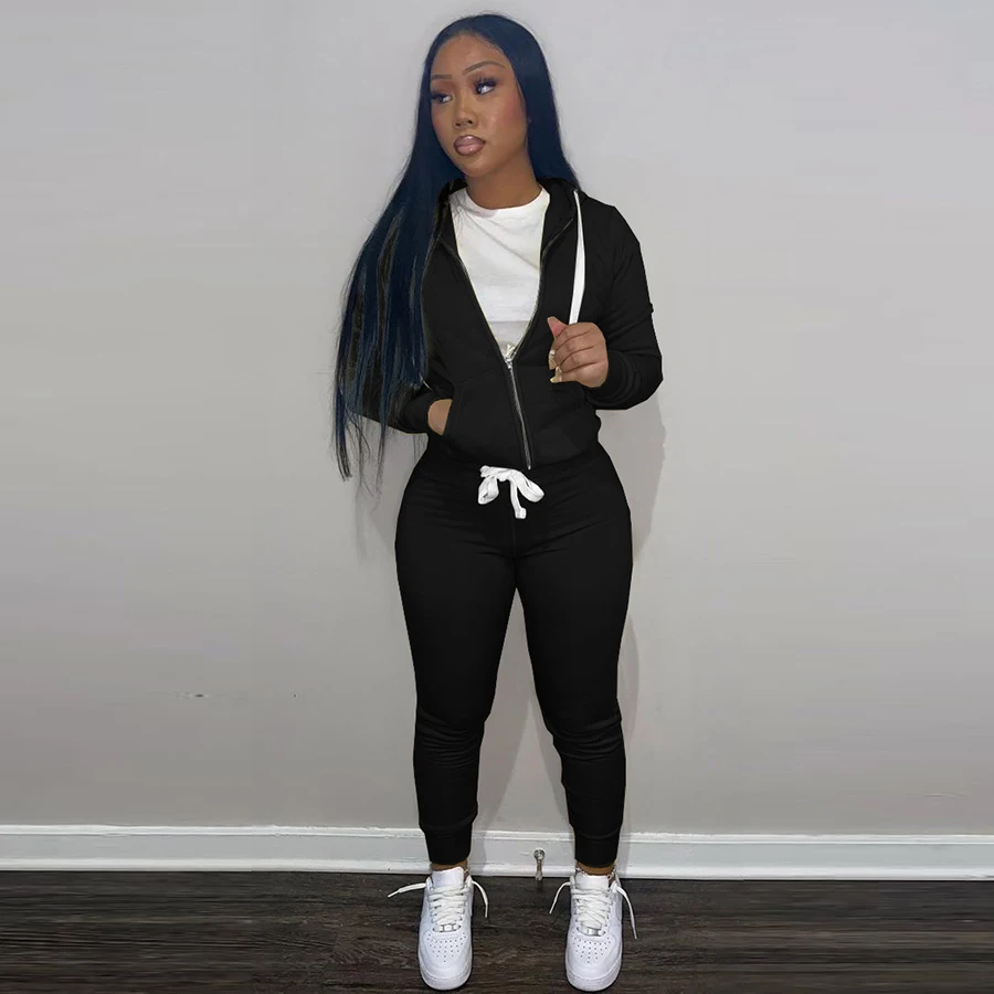 K21S08648 Fall Winter Fashion Long Sleeved Hooded Top High Waist Tight Fitting Pants Jogger Women Sports Casual Two Piece
