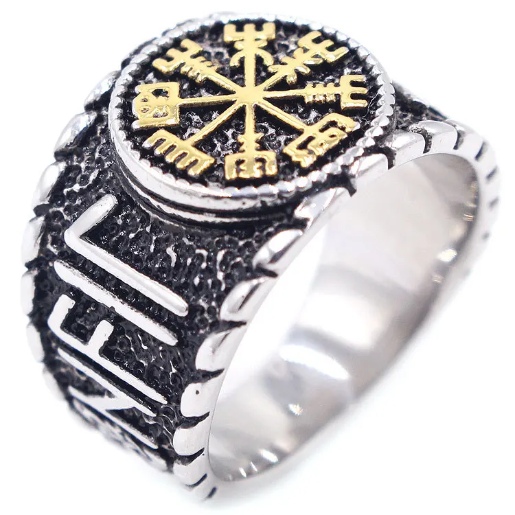 Wholesale Custom Surgical steel Rings Vintage Gold Plated Fish Fork Symbol Viking Jewelry For Men