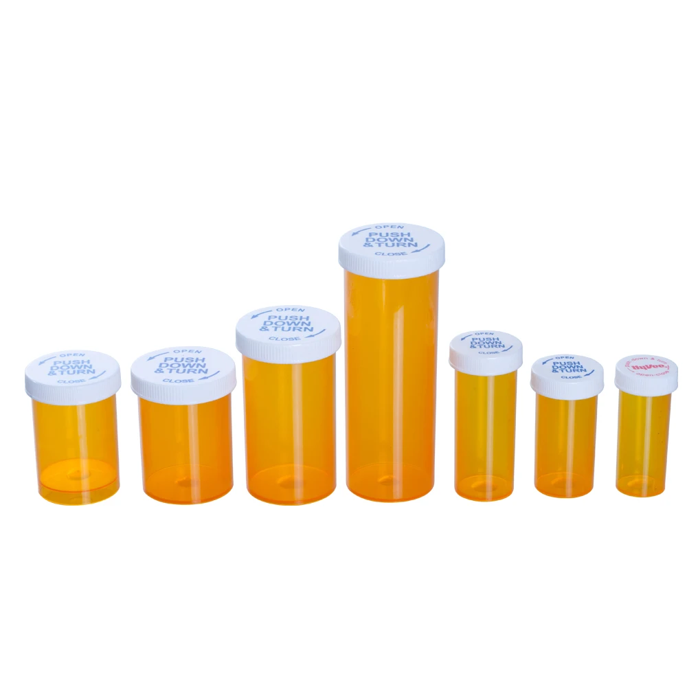 Plastic medicine storage RX medicine push and turn child resistant cap robotic vial