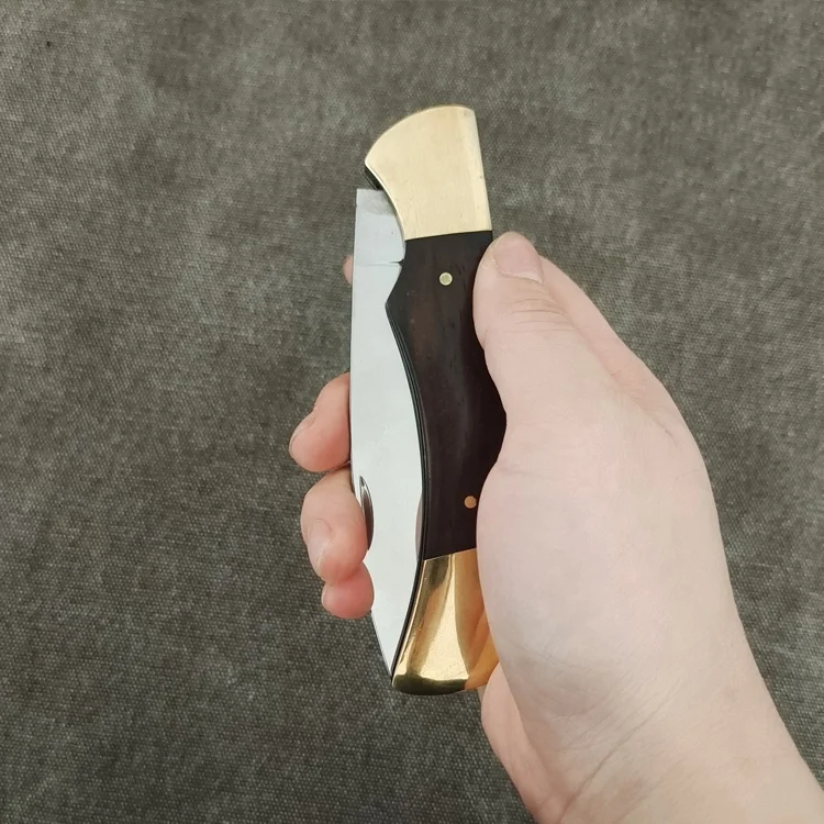 Classic Folding Hunter Knife with Brass Bolsters and Dark Wood Handle for Outdoor Hunting & Camping