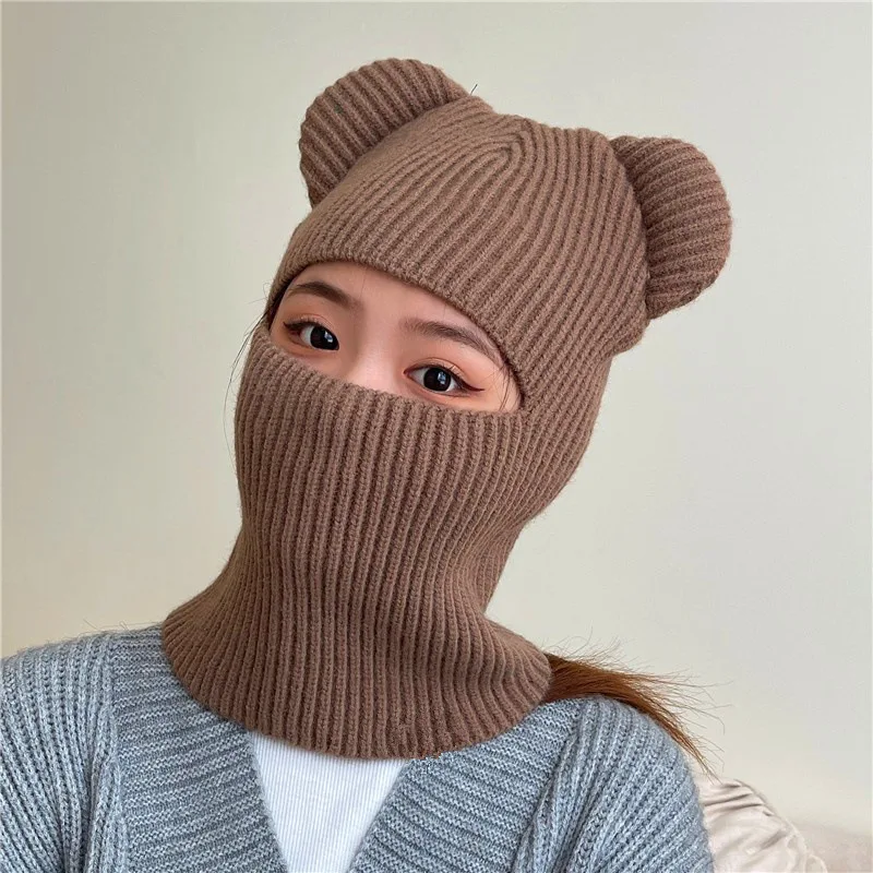 Balaklava Ski Mask Bear Big Ears Beanie Knitted Hooded Collar Neck Protector For Men Women