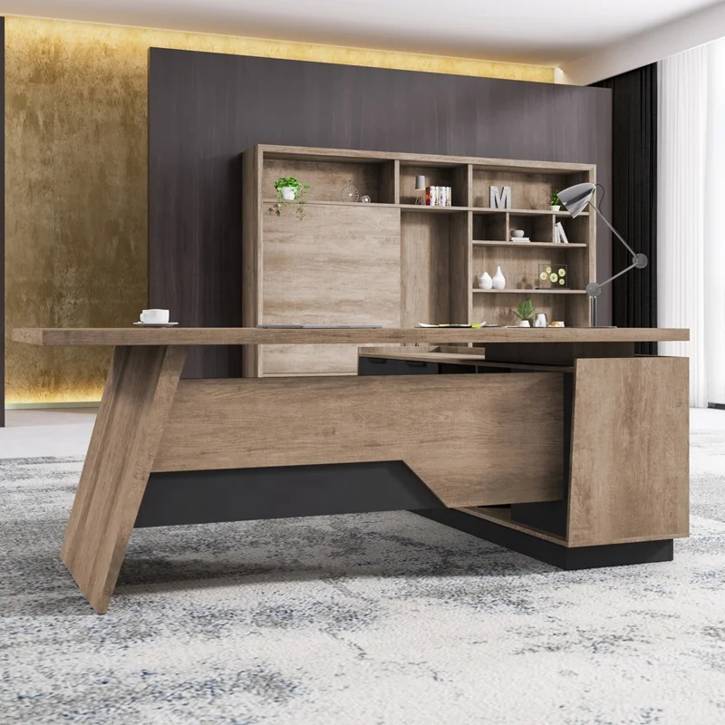 loft industrial trend modern L shape design oak office executive table