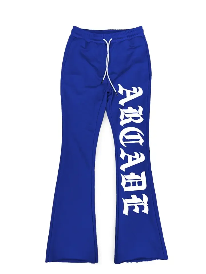 Custom Wholesale 100% Cotton Fabric For Flare Track Jogger 3D Puff Print Fleece Sweatsuits Men Sweatpants Stacked Sweat Pants