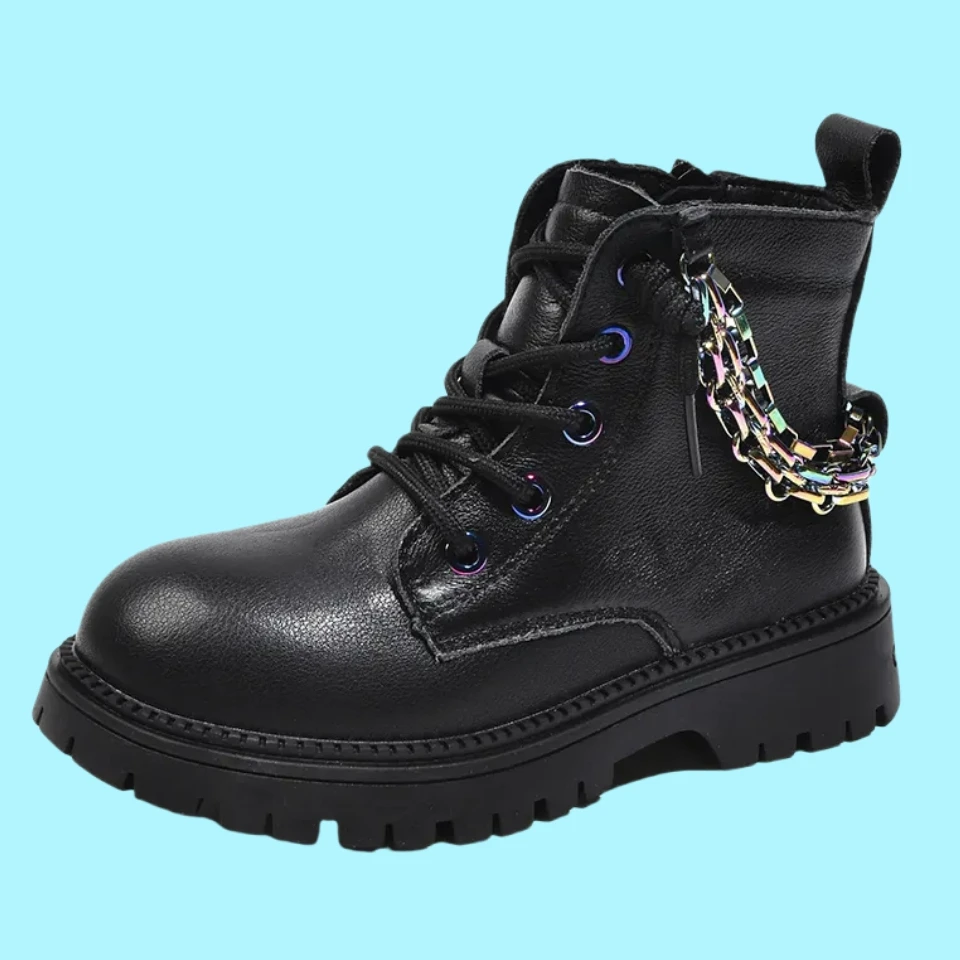 Embossed Kids Leather Non-slip Safety Shoes Rubber Sole Black Work Boots with Chain