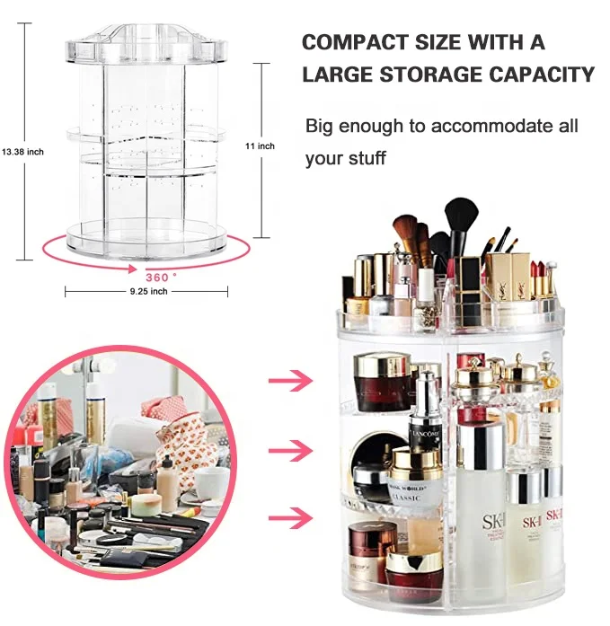Transparent Acrylic 360 Degree Rotating Adjustable Cosmetic Storage Rotating Makeup Beauty Organizer Acrylic Makeup Organizer