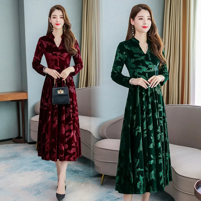 Women vintage v-neck long sleeve winter midi casual velvet dress lady