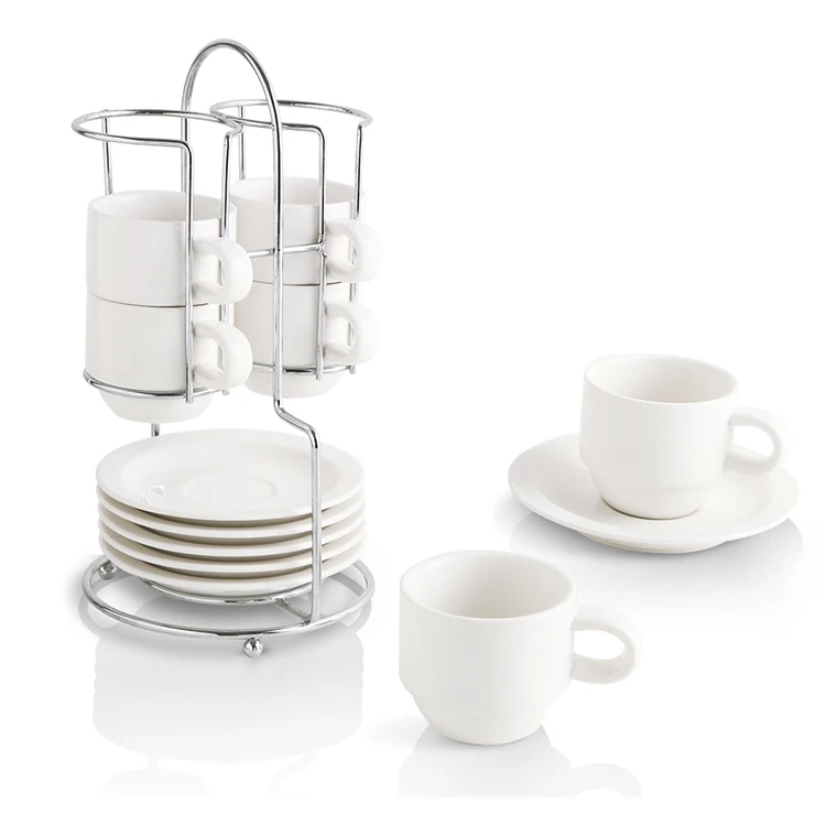 Wholesale Good Quality Luxury Custom Ceramic espresso cups & saucers coffee set with metal rack