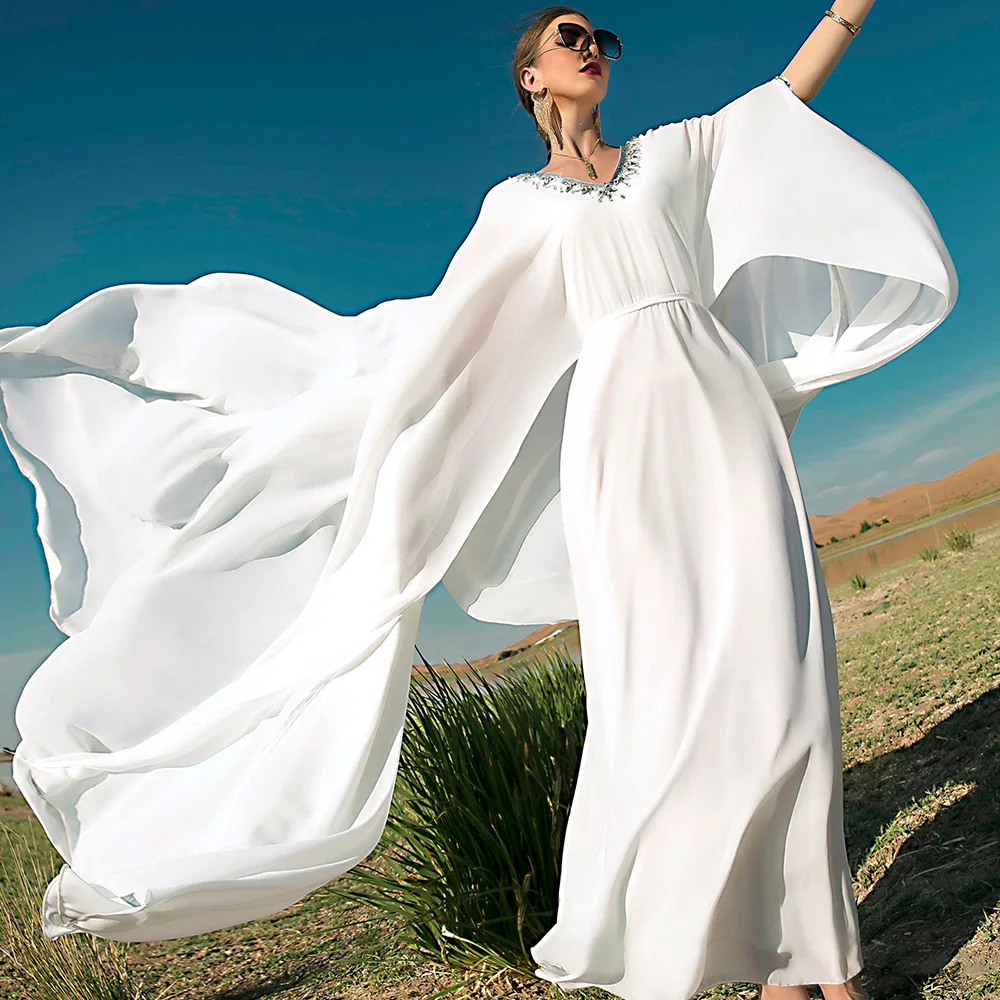 Fashion Trend Bohemian Cloak Big Swing Maxi Dresses Muslim White Chiffon Women Abaya Dubai V-neck Diamonds Islamic Clothing Prom