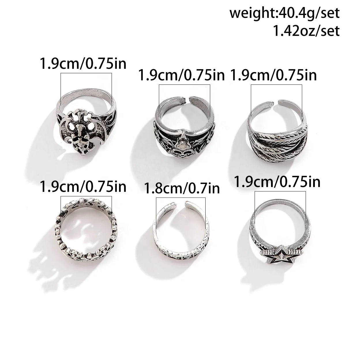 Hip Hop Silver Star Crown Ring Stacked Bat Skull Ring for Women Men Anniversary Party Prom Jewelry Gift