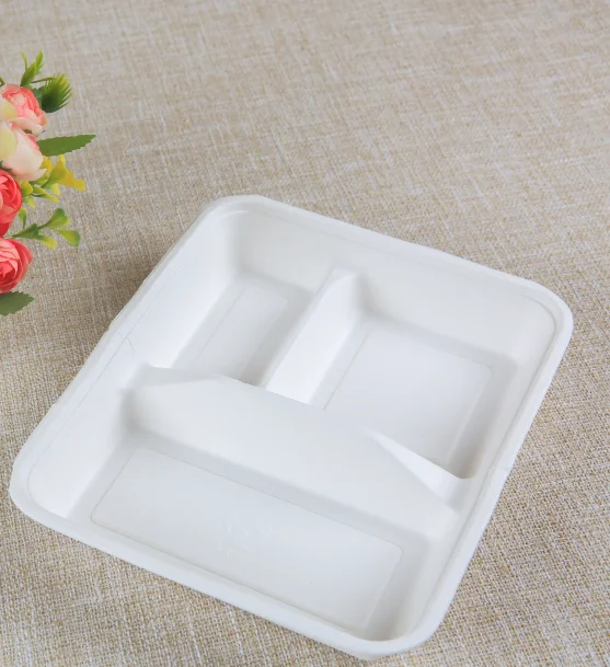 Customizable 4 Compartment Disposable Bamboo Fiber & Sugarcane Bagasse Biodegradable Tableware Food Serving Tray