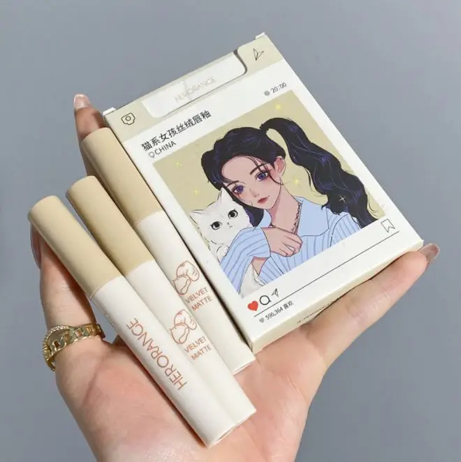 Лидер продаж, набор для упаковки сигарет HERORANGE в виде кошки для девочки, Стойкий матовый блеск для губ, помада жидкого цвета, набор для макияжа губ