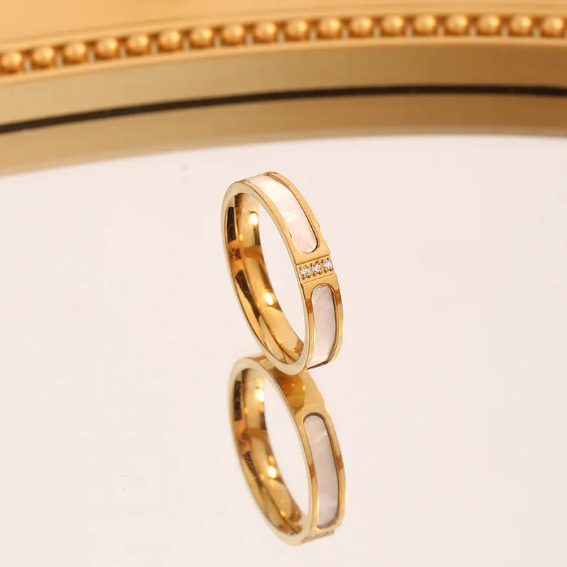 Stainless Steel Full Diamond Open Ring White Mother-Of-Pearl H Letter Double Butterfly Four-Leaf Flower Step-By-Step Bamboo Ring