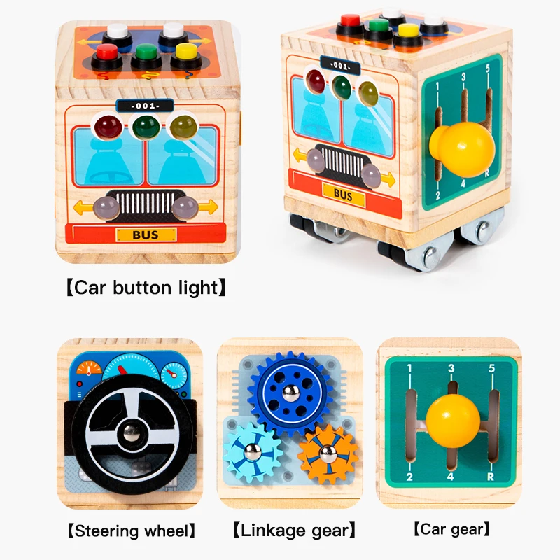 Montessori Early Education Wooden Multifunctional Bus Busy Block Exercise Fine Movement Puzzle toy for children