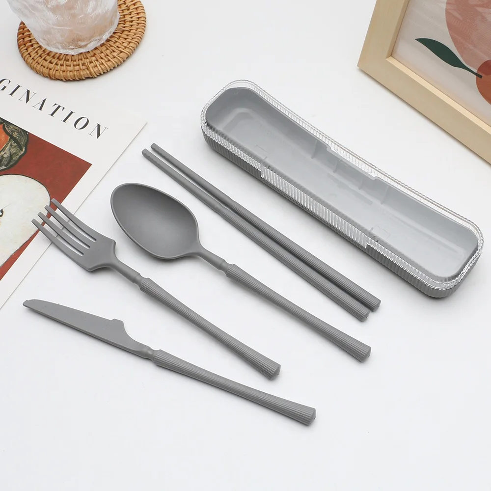 Vertical Wheat Straw Tableware Set Knife Fork Spoon Chopsticks Four-piece Student Outdoor Portable Tableware