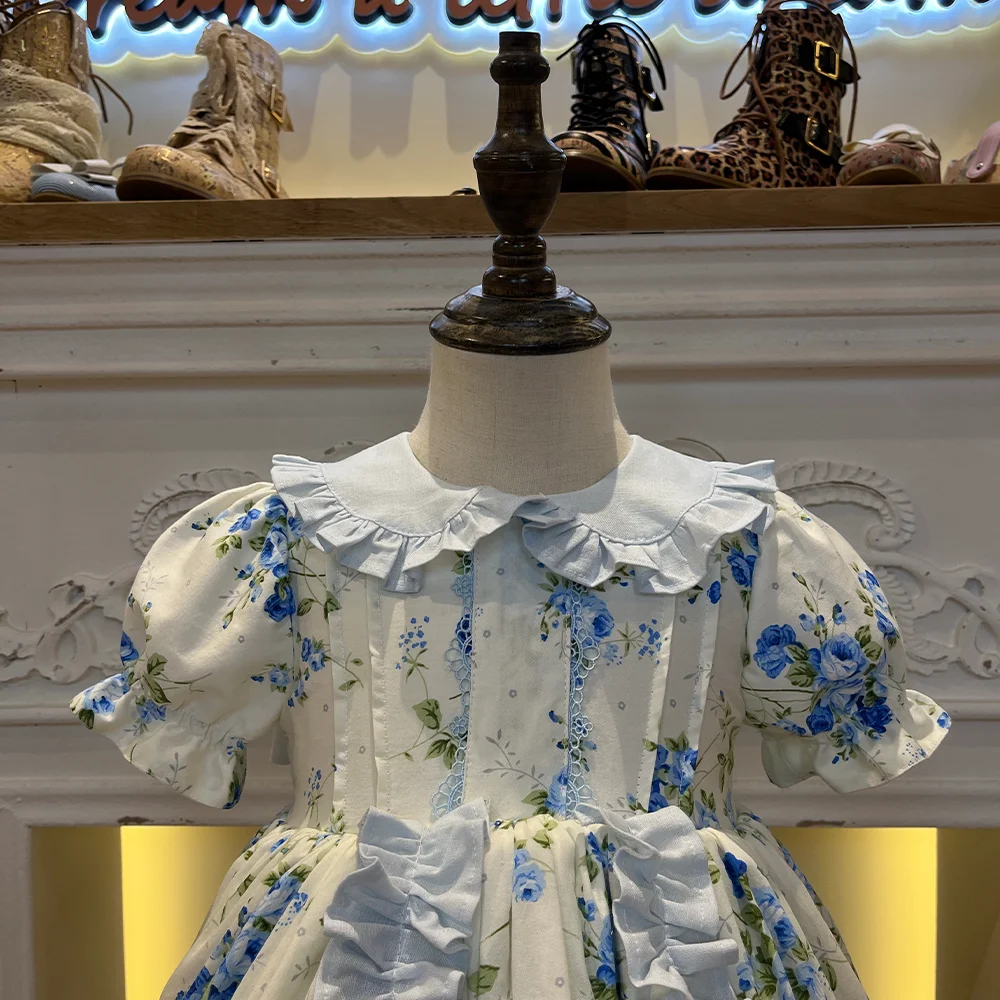 baby dress blue floral custom pattern gown dress for baby girl 2 - 14 yrs baby girl dress summer cute