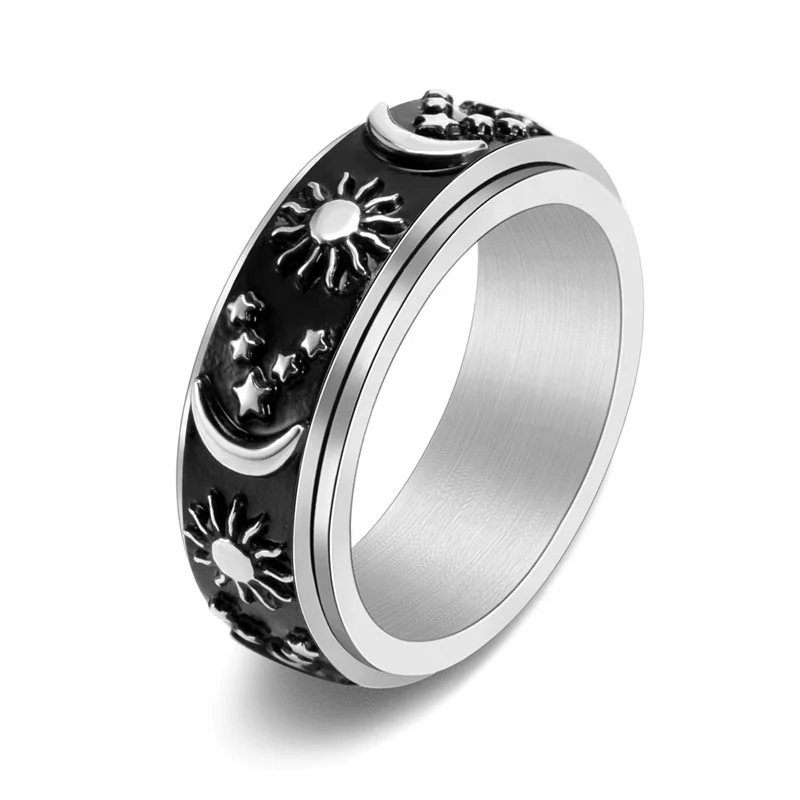 Non Tarnish vintage Stainless Steel rotation Ring Gothic Sun Moon Star Punk Ring Mushroom Rings