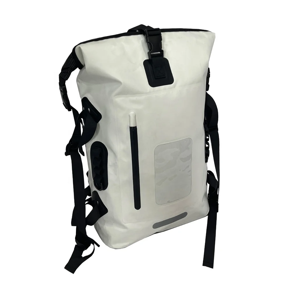 roll top closure 30L white waterproof backpack dry bag with front zipper pocket laptop sleeve for travelling camping sports