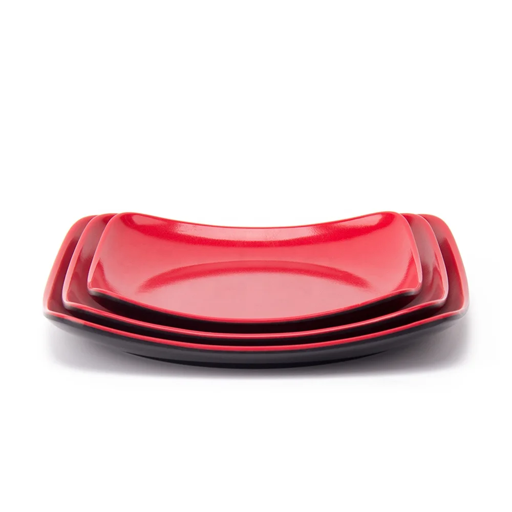 Restaurant Melamine Tableware Black and Red Square Corner Plate Melamine Plastic Western Plate