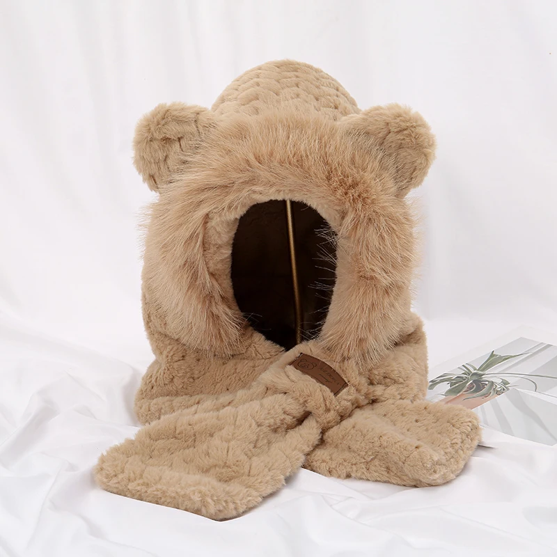Lovely Warm Winter One Piece Hats and Scarf Head Cap Faux Rabbit Fur Hats With Scarf For Women