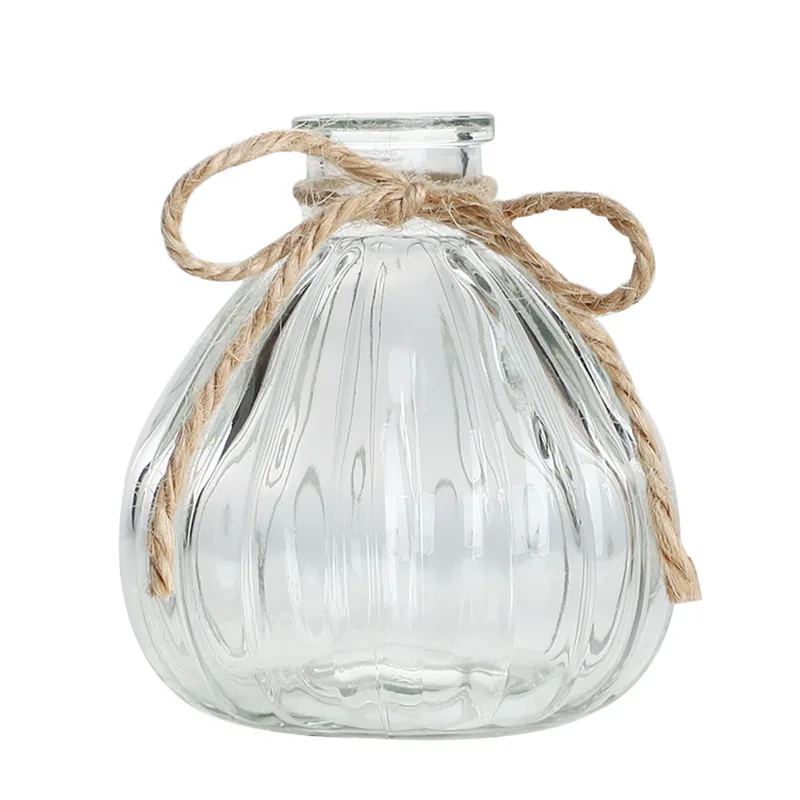 Hot selling rural Pumpkin shaped hydroponic flowers plants glass bottle creative hemp rope handle hanging vase for decoration