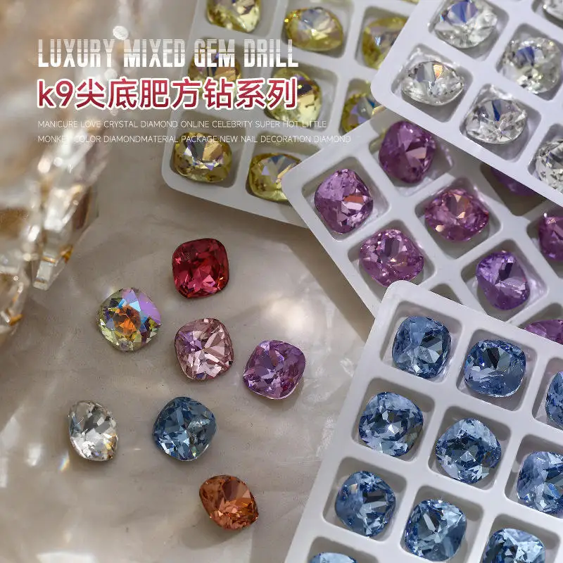 New Manicure Square Diamond Jewelry Super Flash Pointed Bottom Diamond Rose Red Protein Multi-faceted Nail Rhinestones