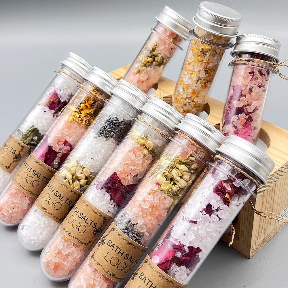Handcrafted PET/Glass Test Tube Set Natural Himalayan Pink Epsom Bath Salts Rose Scent Body Relaxation Option Mineral Ingredient