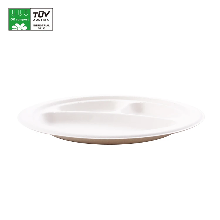 Divided Compostable bagasse sugarcane tray 3 compartment bagasse plates