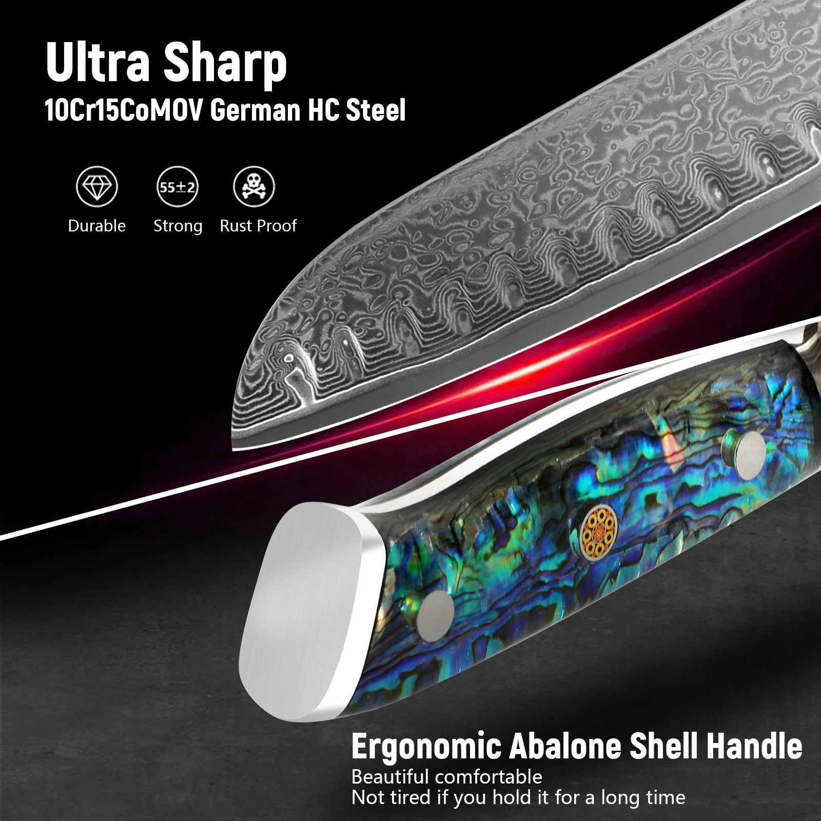 7 Inch Damascus Stainless Steel Professional Japanese Santoku Kitchen Knife with Abalone Shell Ergonomic Handle