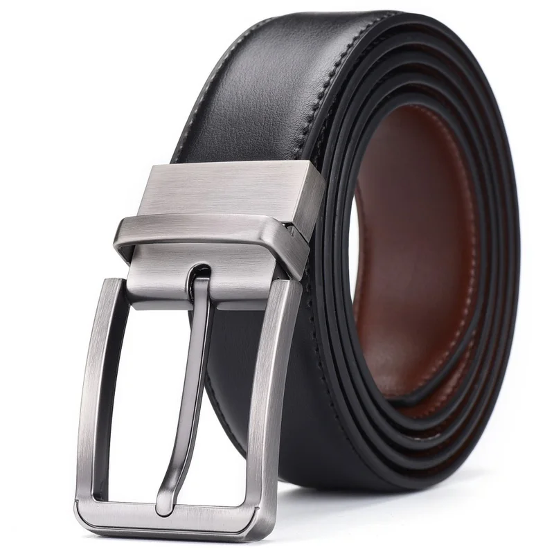 Hot Fashion Genuine Leather Reversible Buckle Belt Men Black Rotate Buckle Double Sided Belts