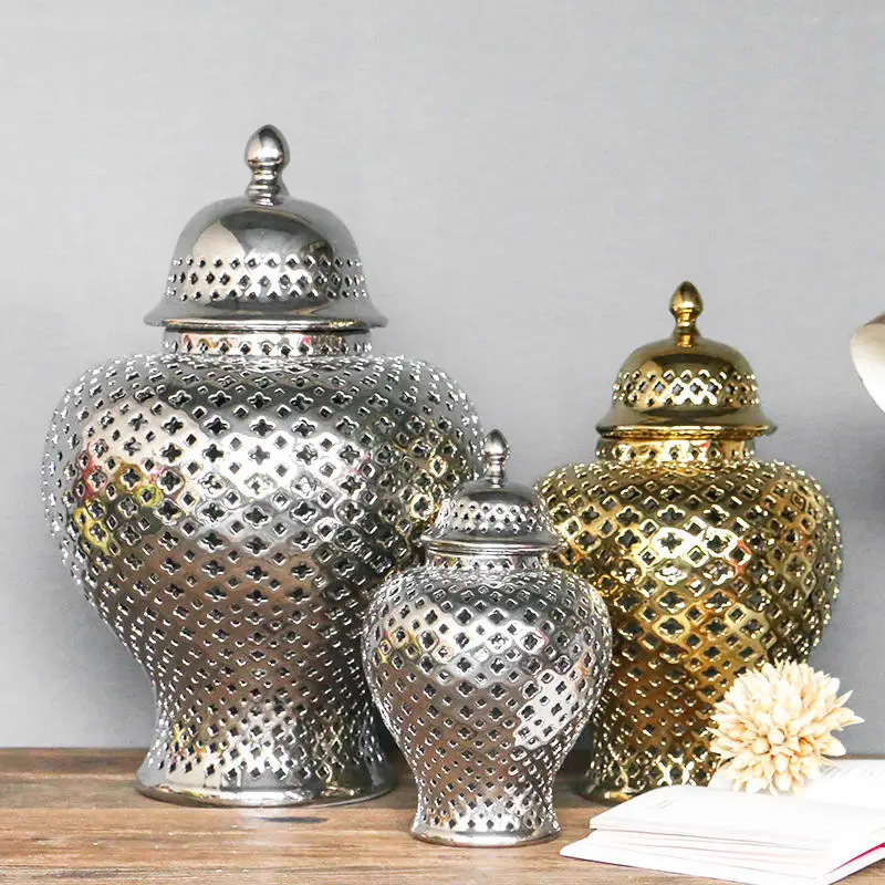 Hot Sale Hollow Out Large White Ginger Jar Vase Porcelain Gold Silver for Home Decor Ceramic &
