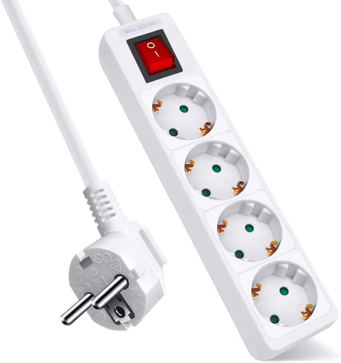 4-way  extension socket power strip with switch and child safety lock, 1.5M 3X1.5mm2 cable, 16A, 3680W, multiple plug