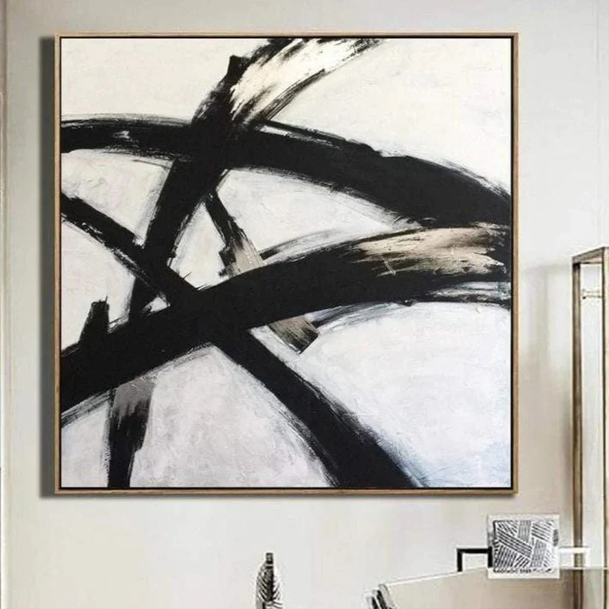 Custom Oil Painting art Abstract Franz Kline style Painting in black glare Black and White wall art decor for living room