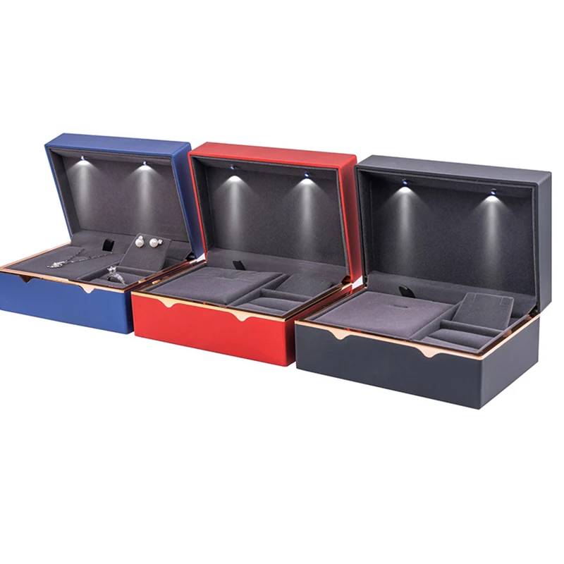 Custom logo led-jewelry-box Jewellery jewelry Set Velvet Packaging plastic boxes with led light For Necklace Earrings And Ring
