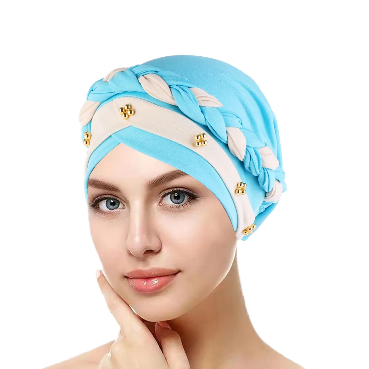 Muslim European and American Hair Hide Women Turban Solid Color Hat India in Stock Ladies Braid Contrast Color Cap