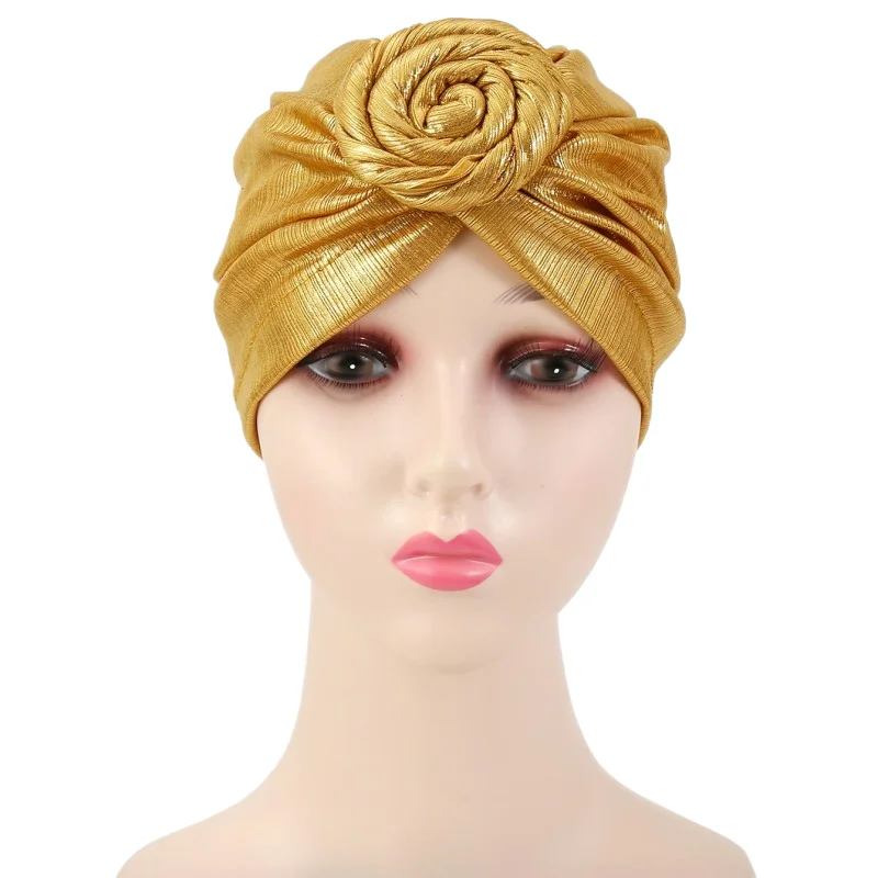 Women Turban African Pattern Headwrap Solid Pretied Flower Knot Bonnet Hat for Women Girls New Fashion Wholesale Gold Silver