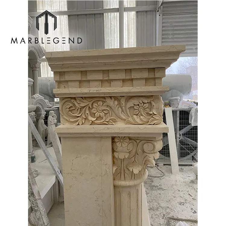 provide villa decoration service nature stone and hand carved fireplace frame freestanding Egypt beige marble fireplaces
