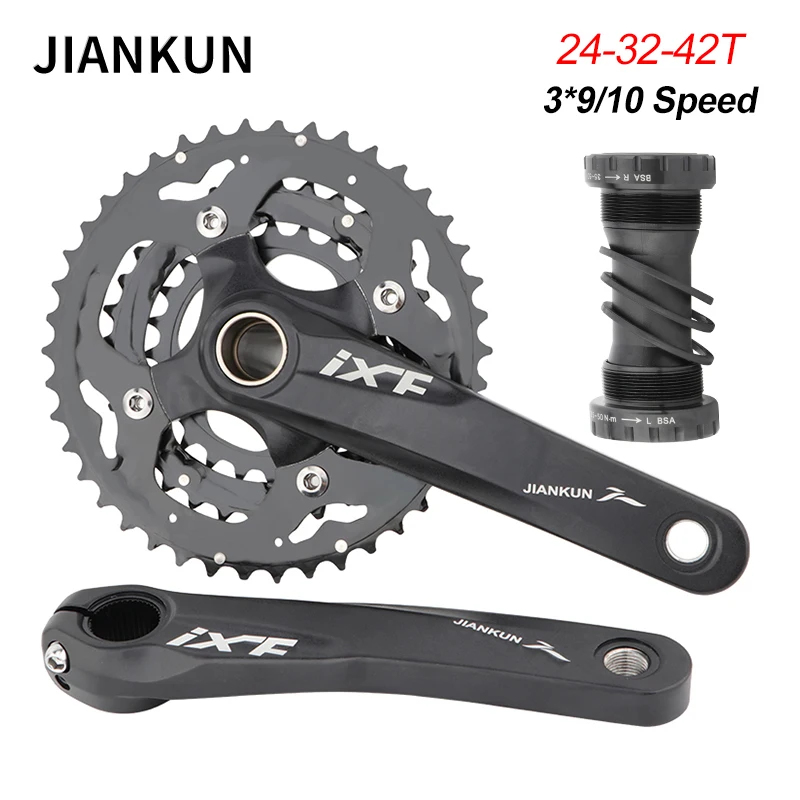 JIANKUN Mountain Bike Crank 170mm 27/30 Speed 24-32-42T 3-gear Hollow Integrated Chain Wheel MTB Crank Bike Parts