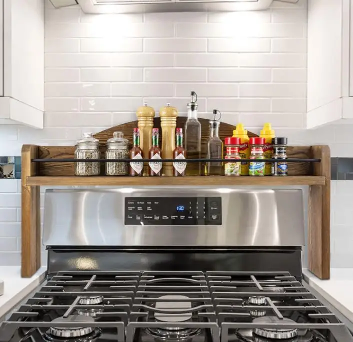 Stove Top Spice Rack Rustic Burnt Solid Wood and Industrial Black Metal Space Saving Over The Stovetop Range Storage Shelf