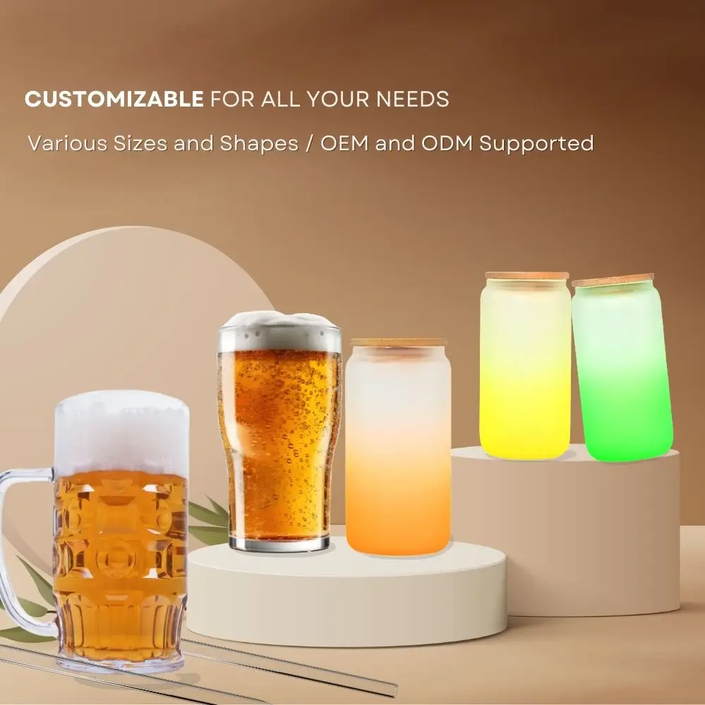 DIY 16oz Cups Blank Sublimation Tumblers Can Shaped Beer Glass with Bamboo Lid and Straw Colored Frosted Glasses