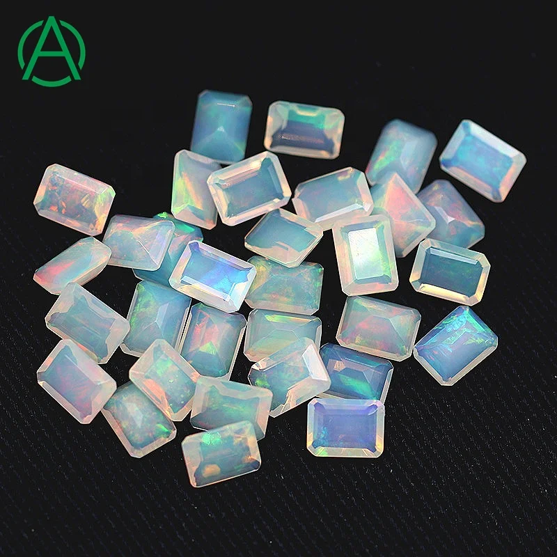 ArthurGem natural AAA rainbow fire white opal emerald cut flat back gemstone cabochon, opal loose gemstone for jewelry making